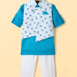 Dapper Dudes Full Sleeves Solid Kurta & Pant With Abstract Printed Jacket - Blue-image-8