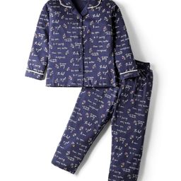 Doreme Single Jersey Knit Full Sleeves Co-ords Night Suit with Floral & Text Print - Navy Blue-picture-25