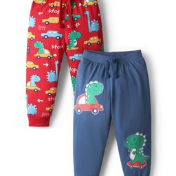 Babyhug Cotton Knit Full Length Dino & Vehicles Printed Lounge Pants Pack Of 2 - Red & Navy Blue-image-18