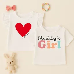 Luke and Lilly Cotton Knit Pack Of 2 Half Sleeves Heart & Daddys Girl Text Printed Tees - White-picture-30
