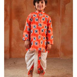 AJ Dezines Cotton Woven Full Sleeves Floral Motifs Printed Kurta Dhoti Set - Orange-image-85