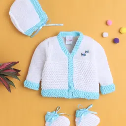 BUMZEE Knit Full Sleeves Cable Knit Design Solid Color Front Open Sweater with Cap & Booties - White & Aqua Blue-picture-48