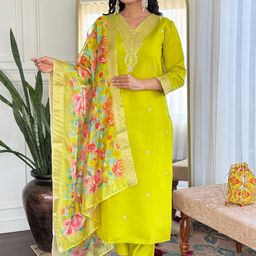 KALINI Women Embroidered Regular Sequinned Chanderi Silk Kurta with Trousers & With Dupatta-15