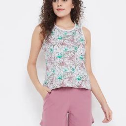 Clovia Grey & Pink Printed Top & Shorts Set-image-4