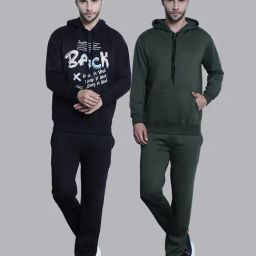 Vimal Jonney Black & Olive Regular Fit Printed Hooded Sweatshirt & Trackpant Set - Pack of 2-image-87