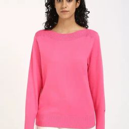 TOMMY HILFIGER Pink Cotton Solid Full Sleeves Sweater-image-9