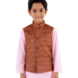 VASTRAMAY Kids Coffee Brown Textured Nehru Jacket-image-3
