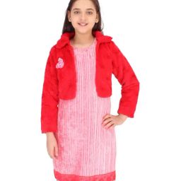 Cutecumber Kids Pink Self Pattern Dress & Shrug-image-51