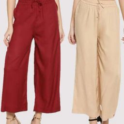 TWIN BIRDS Maroon & Beige Mid Rise Palazzos - Pack Of 2-image-60