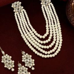 Oomph Gold Kundan & Pearls Multi Layer Ethnic Long Mala Necklace, Earring & MaangTikka Set-12