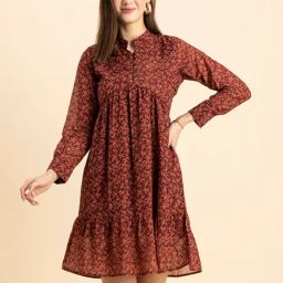 Moomaya Brown Floral Print A Line Dress-image-20