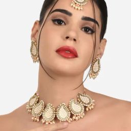 Zaveri Pearls Peach Meenakari Keri Shape Necklace, Earring, Maangtikka & Ring Set-ZPFK12234-image-29