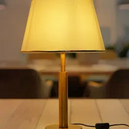 FOS LIGHTING Transitional Brushed Golden & Off-White Steel Table Lamp With Fabric Shade-0