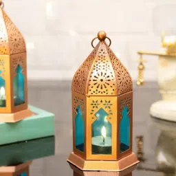 Homesake Antique Blue Metal Moroccan Lantern Candle Holder - Set of 2-14