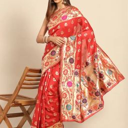 Saree Mall Red Silk Woven Saree With Unstitched Blouse-image-89