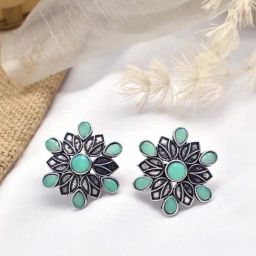 Teejh Ethnic Aashini Mint Green Stone Silver Oxidized Stud Earrings-image-85