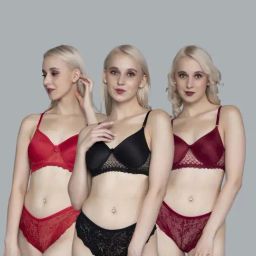 FIMS Black & Maroon Lace Work Bra Panty Sets - Pack Of 3-22