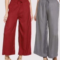 TWIN BIRDS Maroon & Grey Mid Rise Palazzos - Pack Of 2-image-52