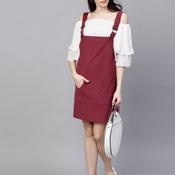 SASSAFRAS Women Maroon Solid Corduroy Pinafore Dress-image-17