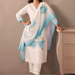 Indo Era Women Floral Printed Regular Sequinned Linen Kurta with Trousers & With Dupatta image 4