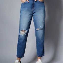High Star Blue Distressed Relaxed Fit High Rise Jeans-image-16