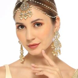 Oomph Gold Tone Kundan MathaPatti & Earring Set-image-25