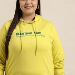 Sztori Plus Size Women Mustard Yellow & Green Printed Hooded Sweatshirt-image-20