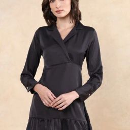 RAREISM Grey Satin Solid Long Sleeves Dress-image-57