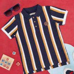 Pantaloons Junior Kids Navy & White Cotton Striped Polo T-Shirt-image-58