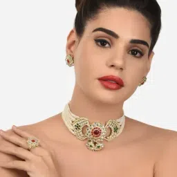Zaveri Pearls Green Pink Kundan Multistrand Pearls Choker Necklace Earring & Ring Set-ZPFK12231-image-85