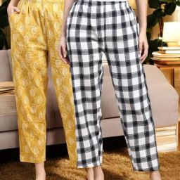Kryptic White & Mustard Cotton Relaxed Fit Printed Lounge Pants - Pack of 2-image-2