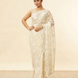 Mohey Cream Net Embroidered Saare with Unstitshed Blouse-image-10