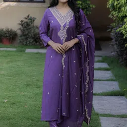 Rujave Embroidered Chanderi Cotton V-Neck Straight Kurta With Trousers & Dupatta-picture-34