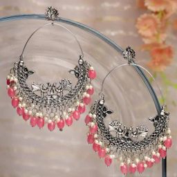 Moedbuille Handcrafted Pink Pearl Filigree Work Silver-Plated Antique Tassel Chand Bali Earrings-image-78