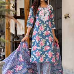 Vastramyaa Women Floral Printed Regular Thread Work Pure Cotton Kurta with Trousers & With Dupatta-image-6