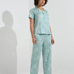 Wunderlove by Westside Light Green Floral Shirt and Pyjamas Set-image-11
