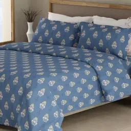 Boutique Living Indo Musk Blue Cotton Floral 200 TC King Flat Bedsheet with 2 Pillow Covers-picture-42