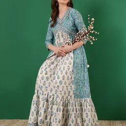 GLAM ROOTS Women Ethnic Motifs Printed Flared Sleeves Tiering Anarkali Kurta-image-31