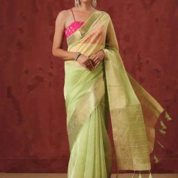 Swtantra Green Organza Woven Saree-image-9