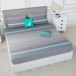 Nautica Hampton Grey & Aqua 100% Cotton 210 TC Super King Bed Size With Pillow Covers-image-24