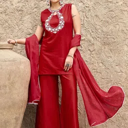 Tikhi Imli Ethnic Motifs Embroidered Thread Work Straight Kurta With Palazzos & Dupatta-picture-35