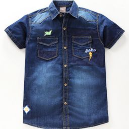 Little Kangaroos Half Sleeves Shirt Washed Denim - Dark Blue-picture-9