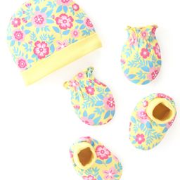 Babyhug 100% Cotton Cap Mittens & Booties Floral Print- Yellow-image-53