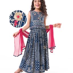EARTHY TOUCH Viscose Rayon Sleeveless Lehenga Choli Set with Dupatta Floral Print - Blue-picture-22