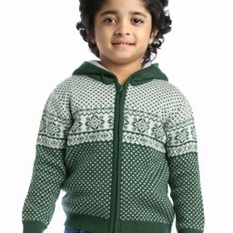 Babyhug Knitted Full Sleeves Hooded Front Open Sweater With Aztec Design- Green-image-78
