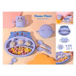 SCHOOLISH Cute Baby hippo animal bamboo feeding set. Get your kiddos excited for meal time with this Fun Bamboo Tableware set - Set of 6-13