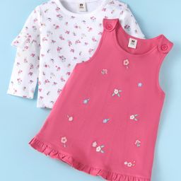 ToffyHouse Interlock Knit Frock & Full Sleeves Inner Tee With Floral Print & Embroidery - Red-image-11