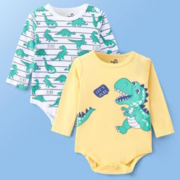 Doodle Poodle 100% Cotton Interlock Knit Full Sleeves Dino Printed Onesies Pack of 2 - Yellow & White-image-68