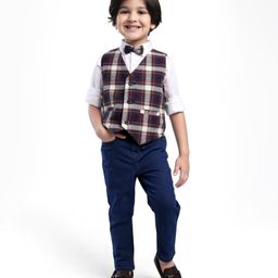 Babyhug Woven Full Sleeves Checkered 3 Piece Party Suit with Bow - Grey & Navy Blue-image-87