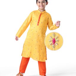 Earthy TouchWoven Full SleevesEmbroidered Kurta Pyjama Set - Yellow & Red-image-35